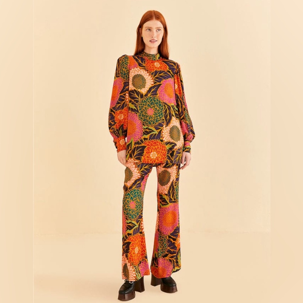 FARM Rio Black Floral High-Neck Long-Sleeve Blouse with Pink Orange Green Bloom